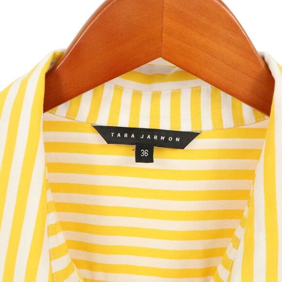 Tara Jarmon Yellow White Striped Short Sleeve Belted Shirt Dress 36 US 4 - Picture 3 of 4